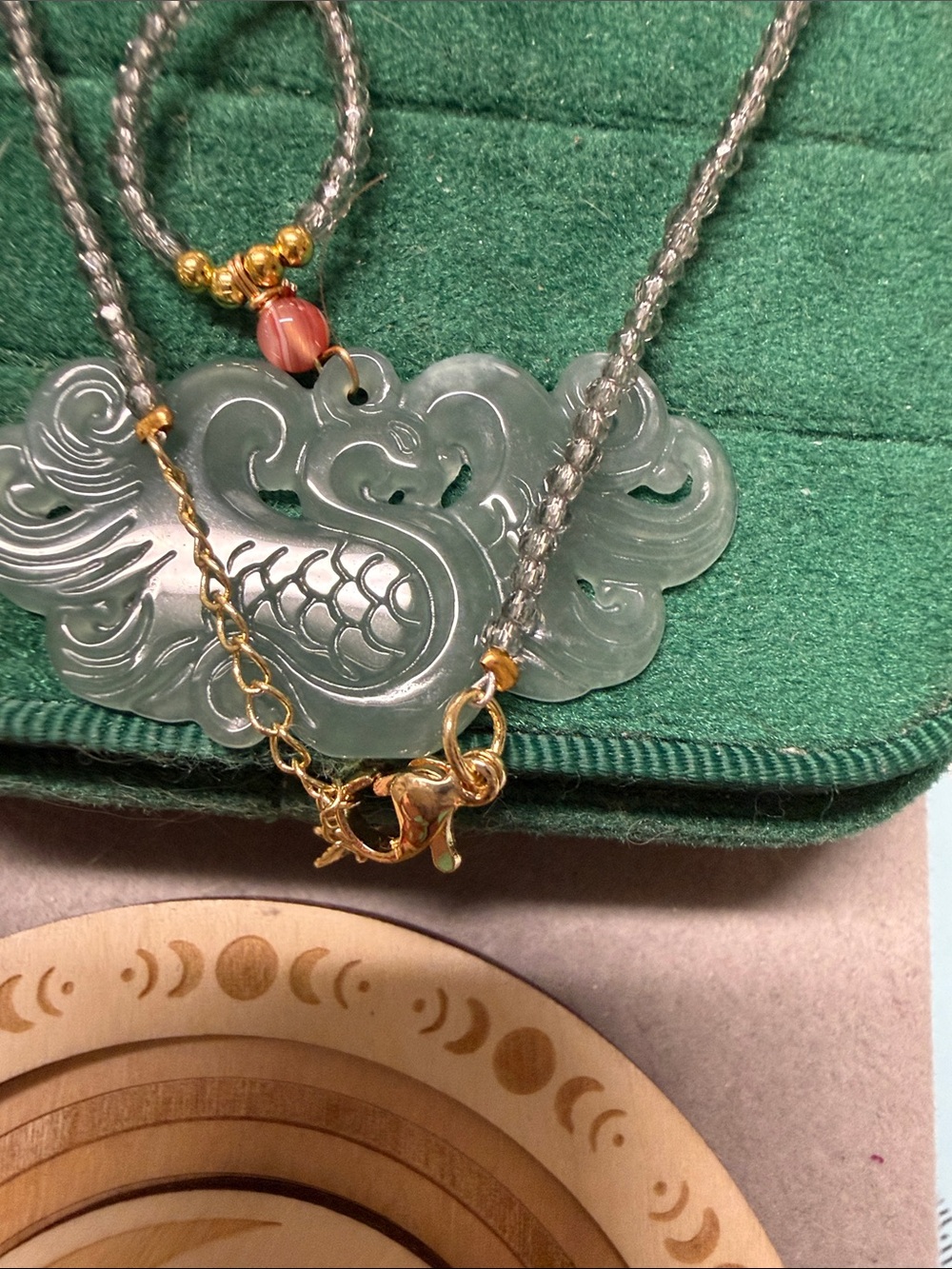 Jade Carved Phoenix Pendant Necklace in Light Green